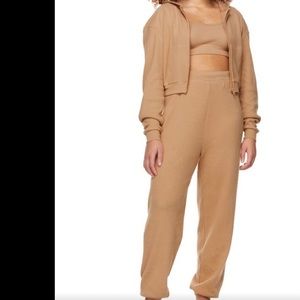 🆕SKIMS OCHRE BRUSHED WAFFLE TEXTURE ZIP UP HOODIE & JOGGER SET ORIGINAL CROP XS